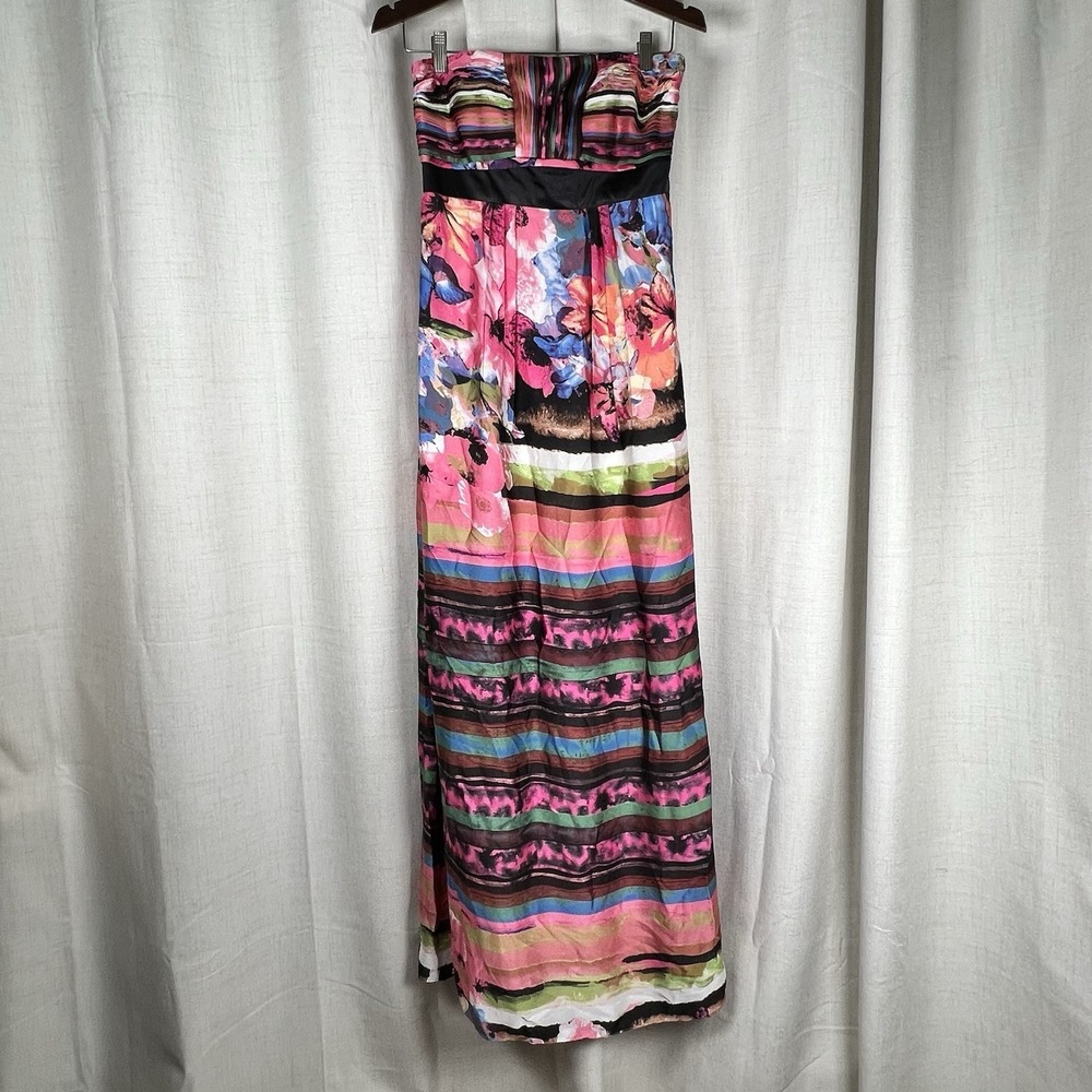 NEW! SUE WONG Multi Color Floral Print Satin Evening Maxi Dress Gown Strapless 4
